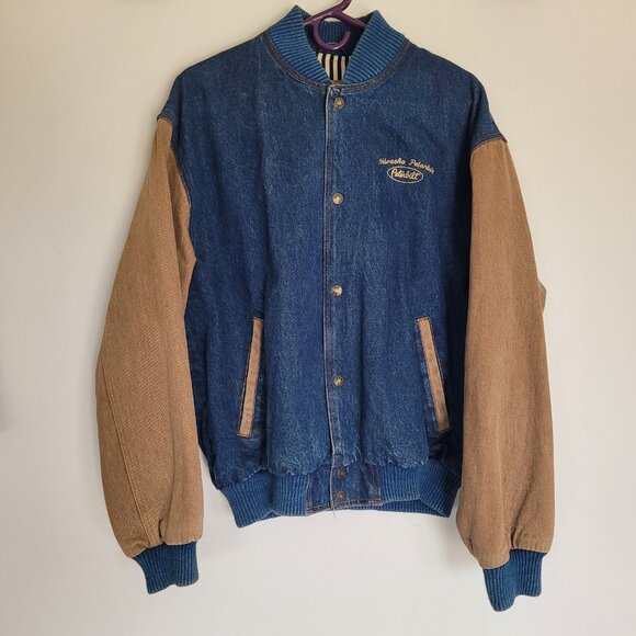 Vtg 90s Nebraska Peterbilt Denim Jean Bomber Jacket Mens...